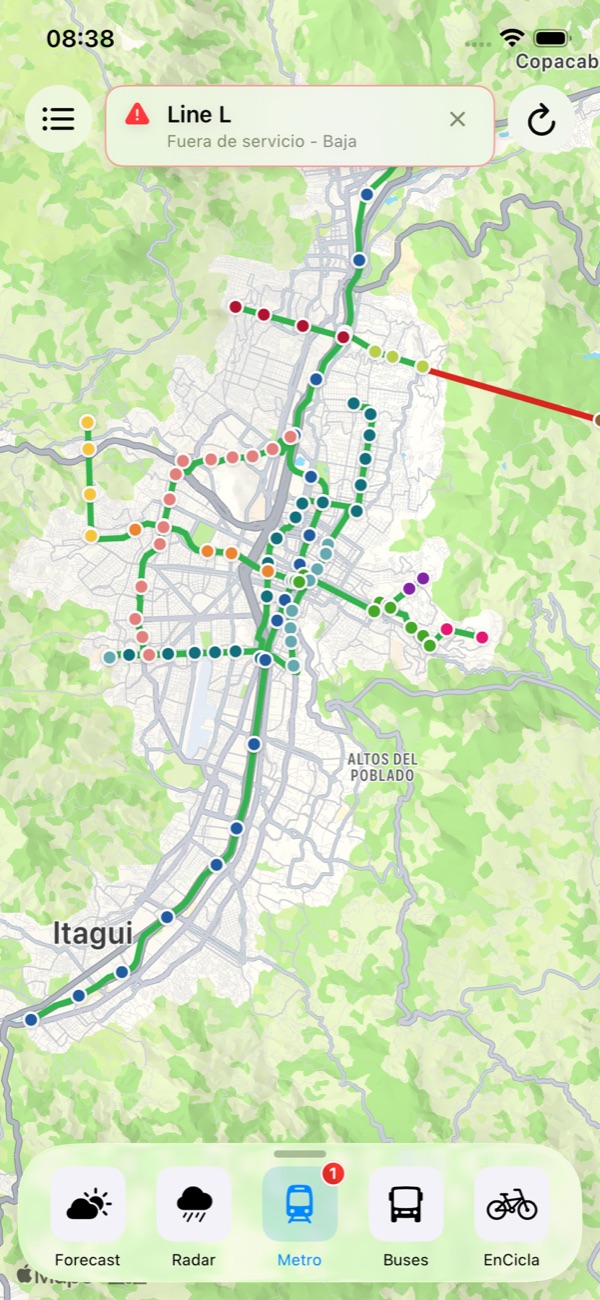 Metro map with a live out-of-service alert