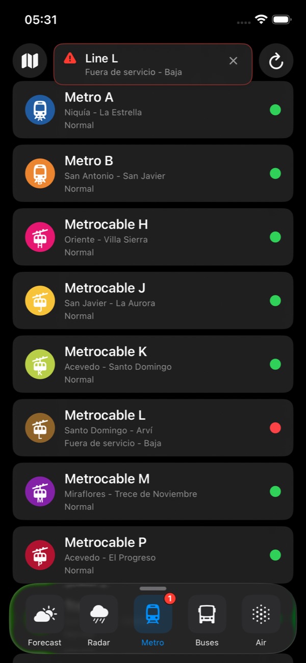 The same Metro line list in dark appearance