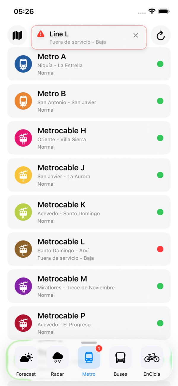 The Metro line list in light appearance